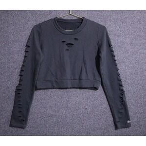Alo Yoga Sweater Women Small Gray‎ Relaxed Fit Ripped Warrior Crop Crew LS EUC